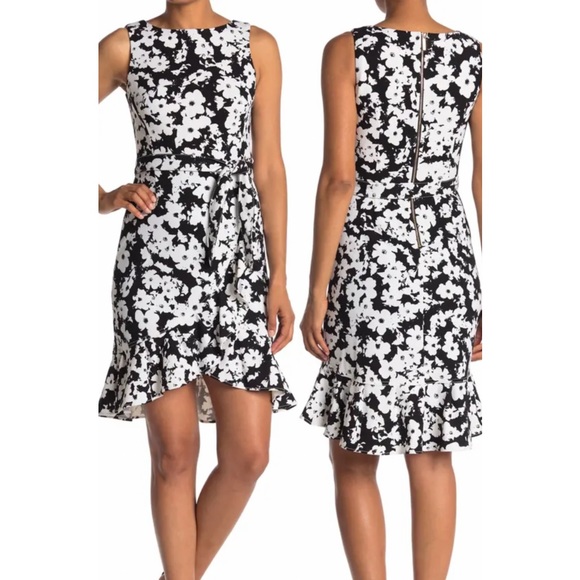 Calvin Klein Dresses & Skirts - NWT CALVIN KLEIN PRINTED SCUBA CREPE SIDE ruffle dress. Black and white.…